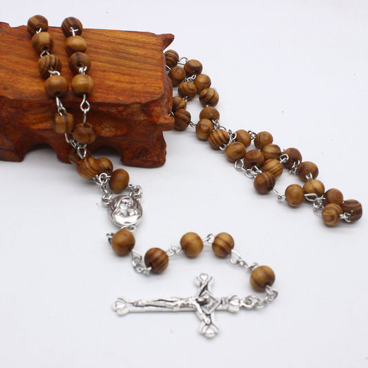 Catholic Wooden Beads Rosary Necklace Virgin Mary Cross Long Religious Necklace