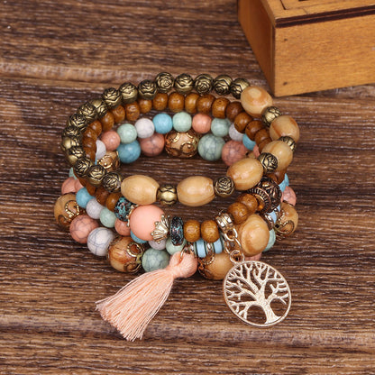 Boho Multilayer Wooden Stretch Bracelet With Tree Of Life Pendant