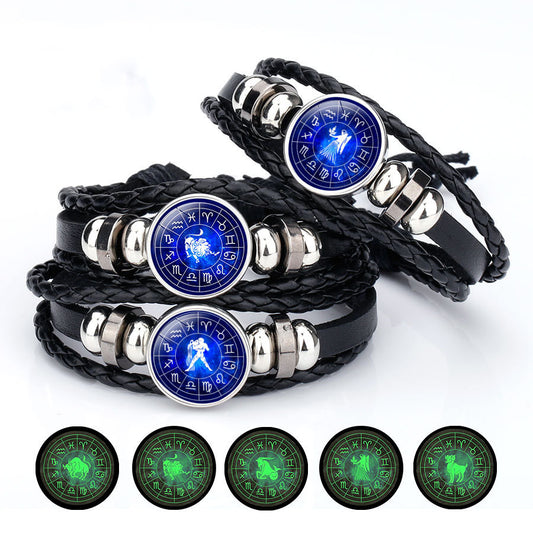Luminous 12 Constellation Time ORGONITE Stone Cattle Leather Bracelet