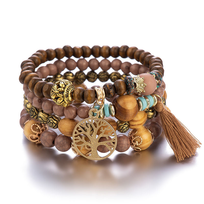 Boho Multilayer Wooden Stretch Bracelet With Tree Of Life Pendant